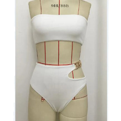 Bandeau Bikini 2024 Women Sexy White Black Cut Out Metal High Waist Swimsuit Female Off Shoulder Bathing Suit Swimwear Beachwear