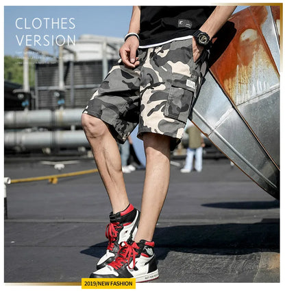 Summer Men's Outdoor Camouflage Cargo Shorts Pocket Cotton Casual Half Pants Mid Waist Drawstring Loose Shorts Bib Overalls 7XL