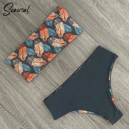 2024 New Sexy Low Hight Bikini Set Swimwear Women Bandeau Female Print Floral Strappy Swimsuit Bathing Suit Beach Wear Biquini