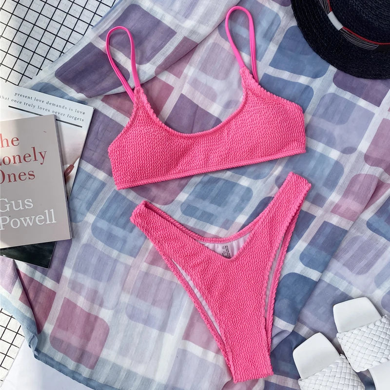 7 Colors Wrinkled Crinkled Triangle Bikini Women Swimwear Female Swimsuit Two-pieces Bikini set Bather Bathing Suit Swim Lady