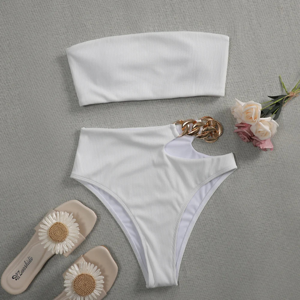 Bandeau Bikini 2024 Women Sexy White Black Cut Out Metal High Waist Swimsuit Female Off Shoulder Bathing Suit Swimwear Beachwear