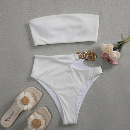 Bandeau Bikini 2024 Women Sexy White Black Cut Out Metal High Waist Swimsuit Female Off Shoulder Bathing Suit Swimwear Beachwear