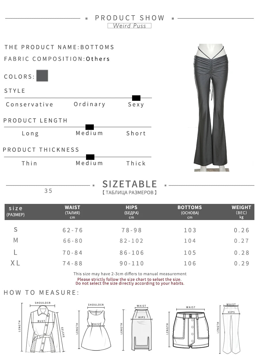 Weird Puss Y2K Low Waist Flare Pants Women Drawstring Ruched Long Trousers Elastic Casual Streetwear Fashion Bandage Bottoms