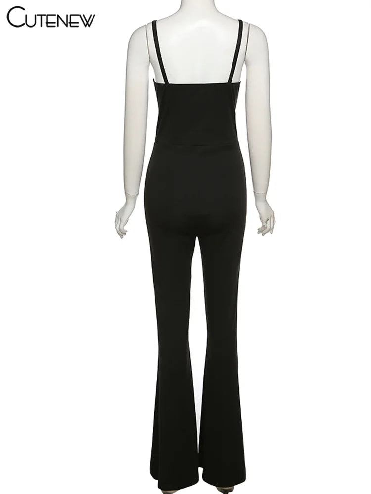 Cutenew Sexy Mesh Patchwork One Shoulder Playsuits Women Elegant Solid Skinny Flare Pants Jumpsuit Fashion Lady Party Streetwear