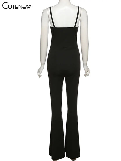 Cutenew Sexy Mesh Patchwork One Shoulder Playsuits Women Elegant Solid Skinny Flare Pants Jumpsuit Fashion Lady Party Streetwear