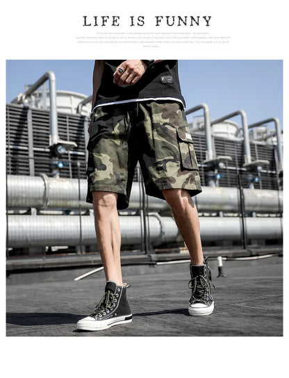 Summer Men's Outdoor Camouflage Cargo Shorts Pocket Cotton Casual Half Pants Mid Waist Drawstring Loose Shorts Bib Overalls 7XL
