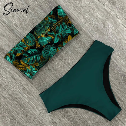 2024 New Sexy Low Hight Bikini Set Swimwear Women Bandeau Female Print Floral Strappy Swimsuit Bathing Suit Beach Wear Biquini