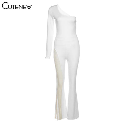 Cutenew Sexy Mesh Patchwork One Shoulder Playsuits Women Elegant Solid Skinny Flare Pants Jumpsuit Fashion Lady Party Streetwear