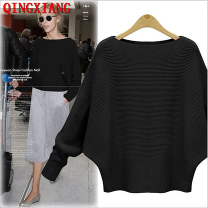 19 Colors Women Knitted Long Batwing Sleeves Loose Sweater Autumn Outstreet High Stretch Knitwear Wide Collar Pullover Knits