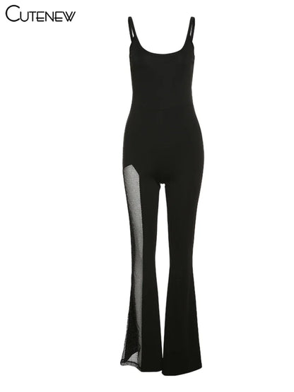 Cutenew Sexy Mesh Patchwork One Shoulder Playsuits Women Elegant Solid Skinny Flare Pants Jumpsuit Fashion Lady Party Streetwear