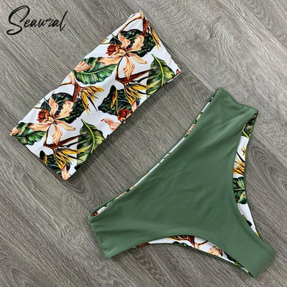 2024 New Sexy Low Hight Bikini Set Swimwear Women Bandeau Female Print Floral Strappy Swimsuit Bathing Suit Beach Wear Biquini