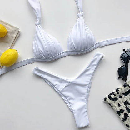 2025 Halter Bra Cup Bikini Sexy Swimsuit Female White Swimwear Women Push up Bikini set Brazilian Bathing Suit Bandeau Swim suit