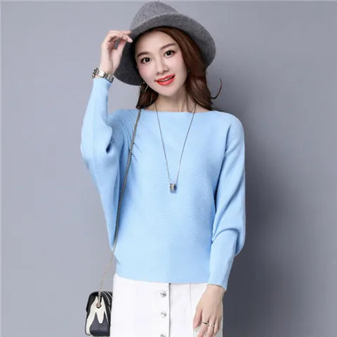 19 Colors Women Knitted Long Batwing Sleeves Loose Sweater Autumn Outstreet High Stretch Knitwear Wide Collar Pullover Knits