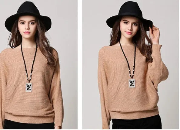 19 Colors Women Knitted Long Batwing Sleeves Loose Sweater Autumn Outstreet High Stretch Knitwear Wide Collar Pullover Knits