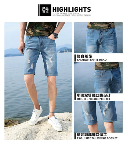 29-40 New Summer Men's Personalized Washable Perforated Denim Pants Large Casual Middle Pants