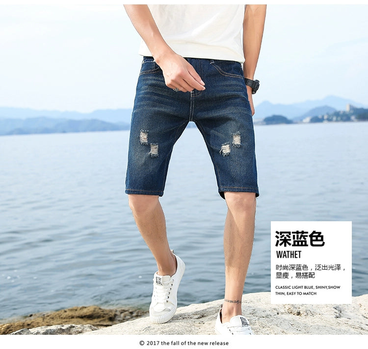 29-40 New Summer Men's Personalized Washable Perforated Denim Pants Large Casual Middle Pants