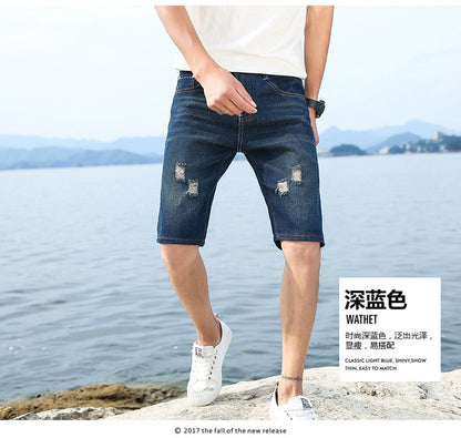 29-40 New Summer Men's Personalized Washable Perforated Denim Pants Large Casual Middle Pants