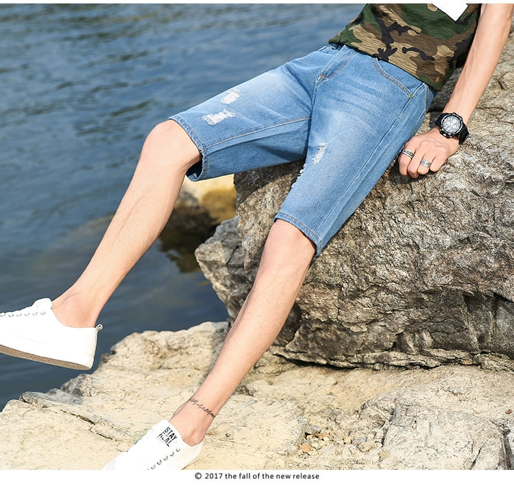 29-40 New Summer Men's Personalized Washable Perforated Denim Pants Large Casual Middle Pants