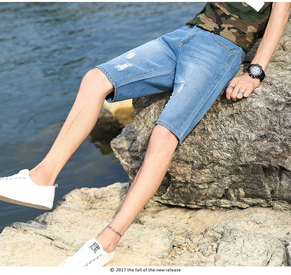 29-40 New Summer Men's Personalized Washable Perforated Denim Pants Large Casual Middle Pants