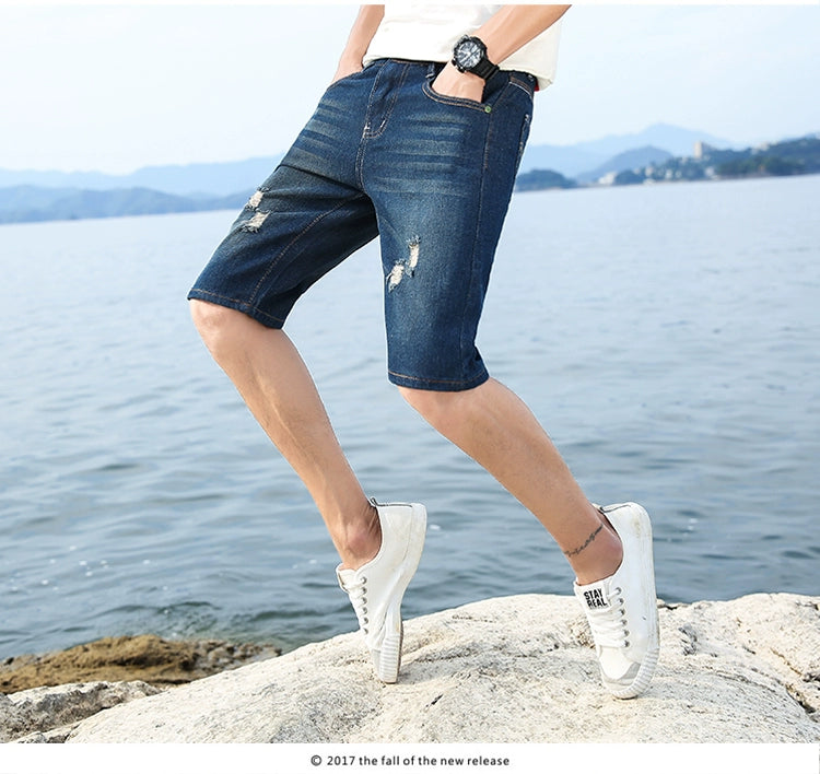 29-40 New Summer Men's Personalized Washable Perforated Denim Pants Large Casual Middle Pants