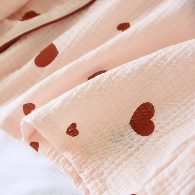 2025 New Spring and Autumn Women's Pajama Set 100% Cotton Crepe Long Sleeve Long Pants Two Piece Set Love Sweet Home Clothes