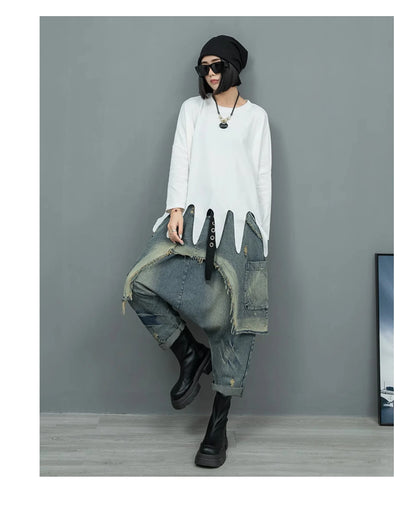 (No Belt)Women Streetwear Pants Set Plus Size White Tassels Tees +2 In 1 Cross Pants Novelty High Street Matching Wear Suit