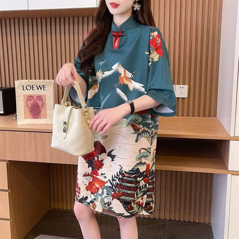 Summer Chinese Style Vintage Printing T-shirt Mini Dress Ladies Short Sleeve Loose Casual A-line Robe Women Stand Collar Vestido