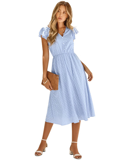2025 New Summer Dress Women Casual Solid V-neck High Waist Fresh Wind Midi Dresses For Women Elegant Boho White Dress Vestidos