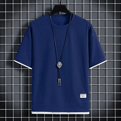 1pcs Men Summer T-Shirt Man Short Sleeved Waffle Solid T-Shirt Male Solid Color Casual Tee Round Men's Round Neck Fashion Top