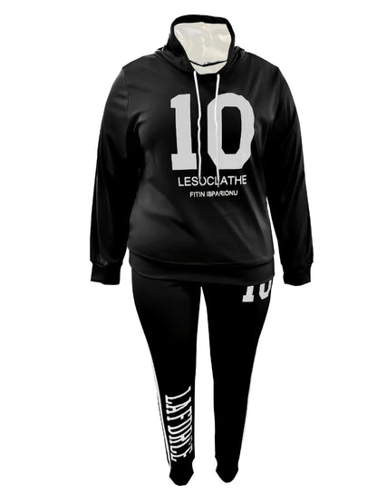 5XL LW Plus Size Autumn&Winte Letter Print Regular Striped Long Sleeve Basic Sporty Fashionable Turtleneck Hooded Blue Pants Set