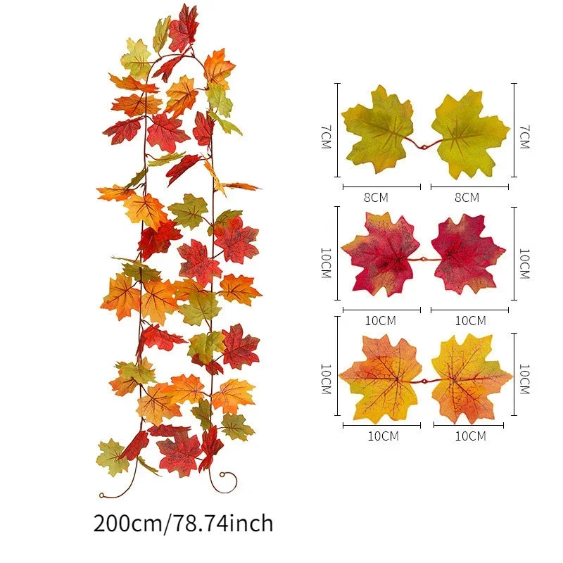 2M Artificial Fall Maple Leaf Garland Fake Plants Autumn Decor Leaves Vine for Thanksgiving Halloween Christmas Wedding Decora