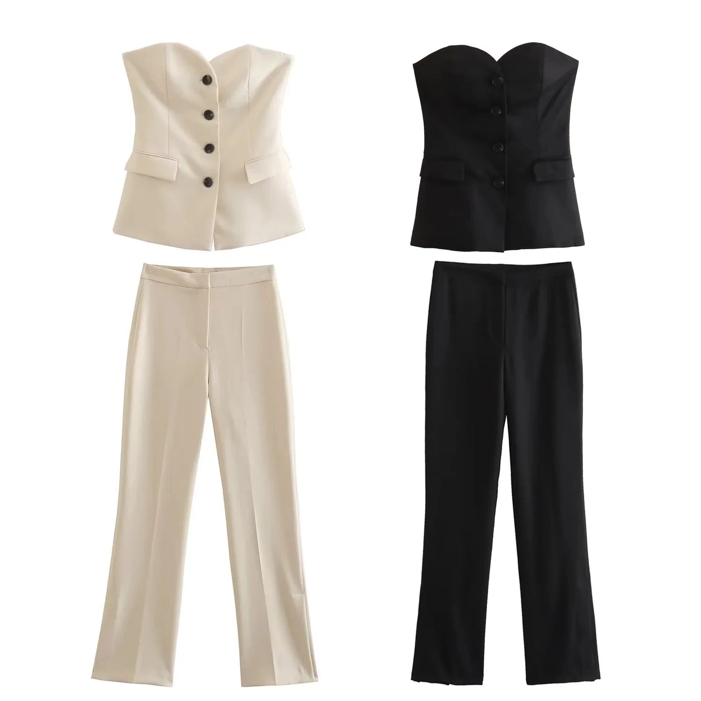 TRAFZA Women Elegant Solid Pant Suit Front Button Strapless Sexy Tank Tops + Side Slit Trouser Female Fashion Streetwear Sets