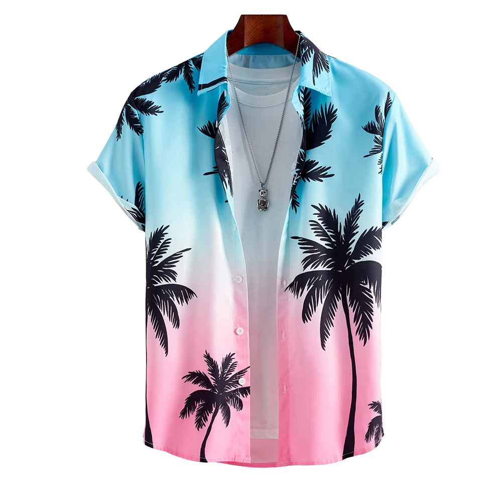 Summer Coconut Tree 3D Print Gradient Hawaiian Beach Shirts Men Women Casual Fashion Streetwear Lapel Short Sleeve Shirt Blouse