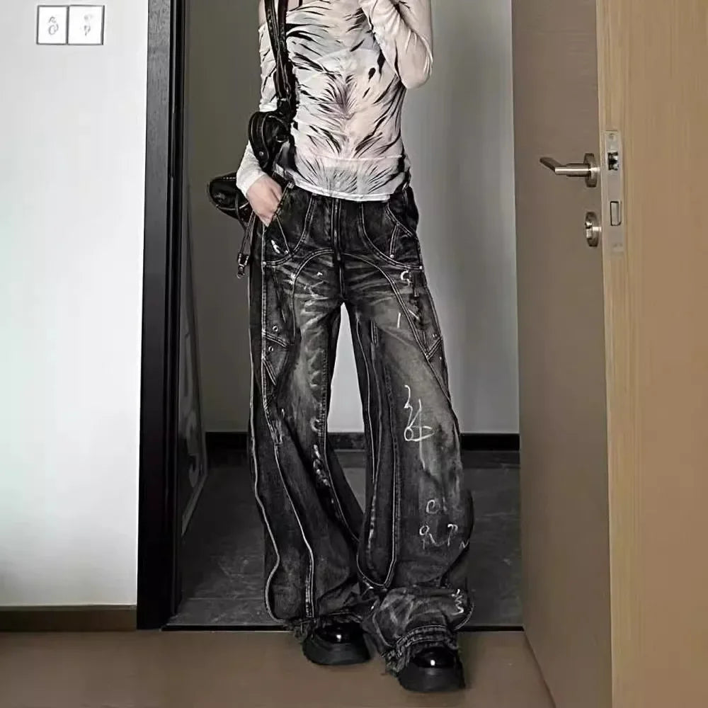 American Style Vintage Wide Leg Jeans For Men And Women Heavy Duty Ribbon Embellishment Hip Hop Sensibility Casual Pants