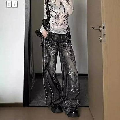 American Style Vintage Wide Leg Jeans For Men And Women Heavy Duty Ribbon Embellishment Hip Hop Sensibility Casual Pants
