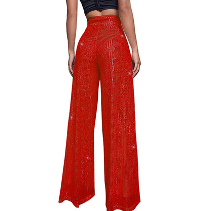 Women's Fashion Solid Color High Waist Sequin Side Zipper Draped Wide Leg Pants Pants for Women Women’s Pants Women’s Pants 2024