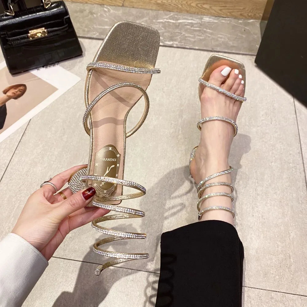 Xibeilove 2024 Summer Luxury Women Sandals Crystal Square Head Gold Rhinestone Snake Pattern High Heels Wedding Party Shoes