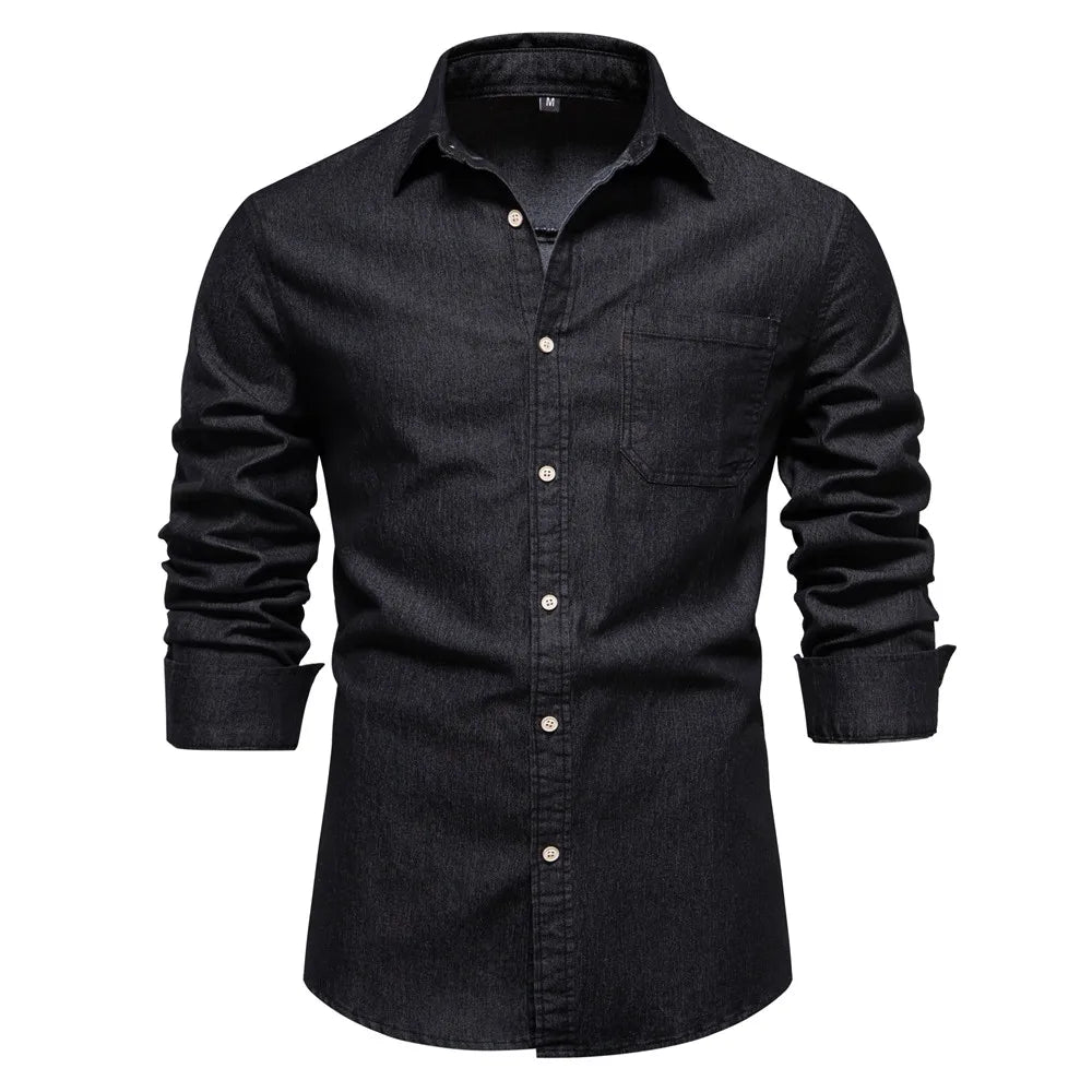 AIOPESON Autumn New Cotton Men's Denim Shirt Solid Color Single Pocket Casual Long Sleeve Shirt Autumn Jeans Shirt for Men