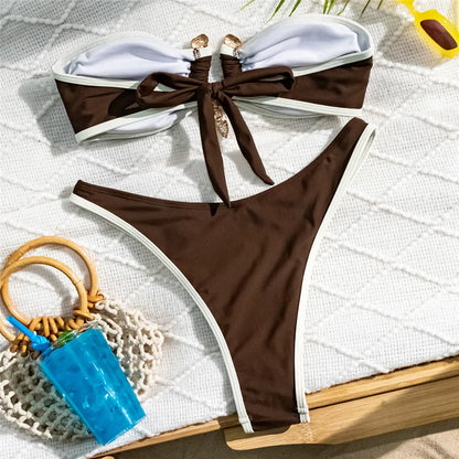 Brown Bandeau Bikinis Sets 2025 Sexy Swimsuit Women Contrast Color Swimwear Metal Buckle High Cut Bathing Suit Bikinis De Mujer