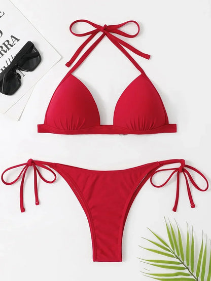 2025 Halter Bra Cup Bikini Sexy Swimsuit Female White Swimwear Women Push up Bikini set Brazilian Bathing Suit Bandeau Swim suit