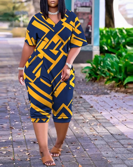 2024 AliExpress Europe and America Plus Size Summer Loose V-Neck Stitched Patch Pocket Printed Jumpsuit