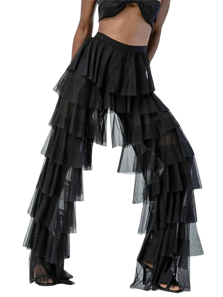 Women Wide Leg Pants High Waist Layered Tulle Pants Loose Beach Long Trousers Streetwear