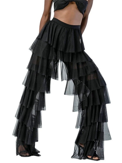Women Wide Leg Pants High Waist Layered Tulle Pants Loose Beach Long Trousers Streetwear
