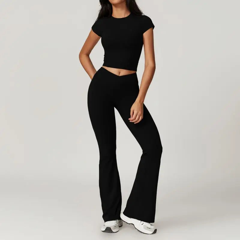 Two Piece Short Sleeve Sport Yoga Set Outfit Fitness Gym Set Workout Clothes for Women Flare Leggings Sportwear Women Tracksuit