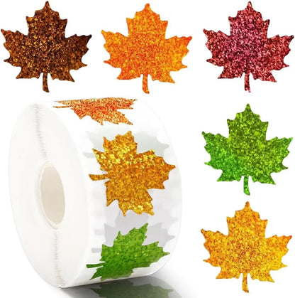 500Pcs Fall Thanksgiving Leaf Stickers 5 Colors Maple Leaf Decals Holographic Self Adhesive Label Stickers Roll for Autumn
