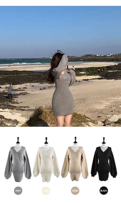 2023 Spring Autumn Sexy Cross V-neck Wrap Hip Dresses Women's Knitted Sweater Dress Fashion Tight Short Dress