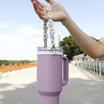 Water Bottle Handle Strap Handmade Flower 16-40oz Tumbler Silicone Safety Ring Cotton Rope Flower Durable Water Bottle Strap