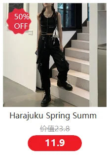 Streetwear Spring Summer Cargo Pants Women Harajuku Slim Punk Ribbons Joggers Elastic Waist Ankle-Length Trousers For Girls