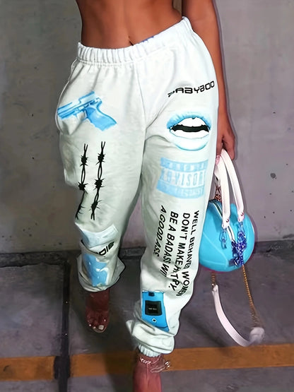 Summer New Printed Fashion Elastic Waist Sports Casual Harlan Pants for Women