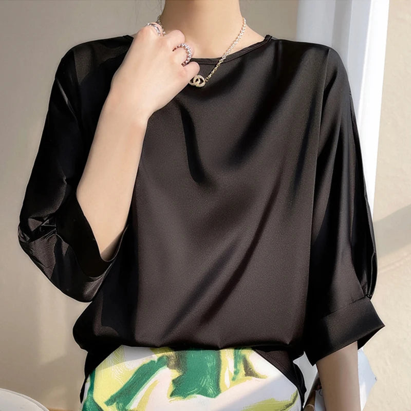 2025 New In Summer Satin Silk Half-Sleeve Tee Tops Basic Solid Women‘s T-Shirt Casual O-neck Thin Shirts Ladies Loose Blouses